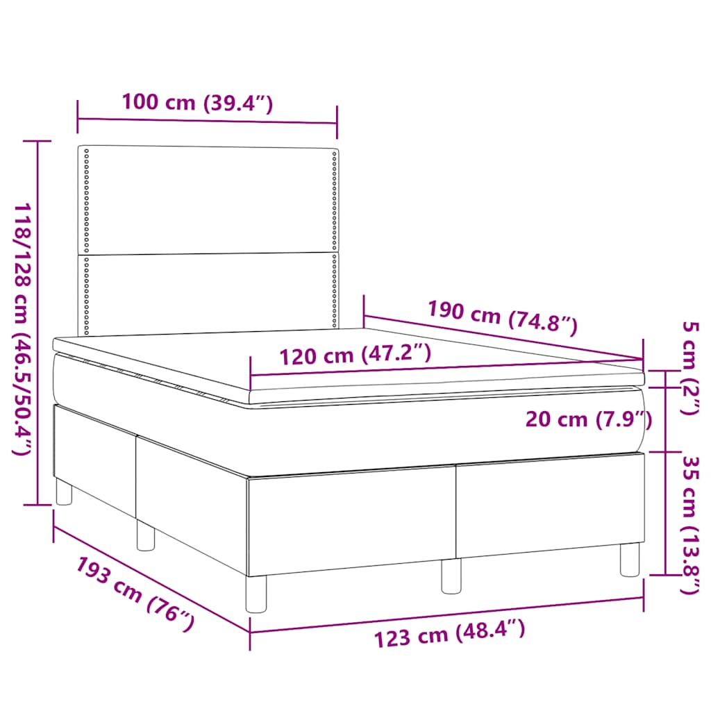 világosszürke szövet rugós és LED-es ágy matraccal 120x190 cm