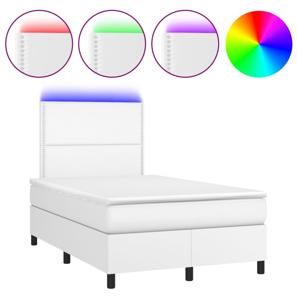fehér műbőr rugós és LED-es ágy matraccal 120x190 cm