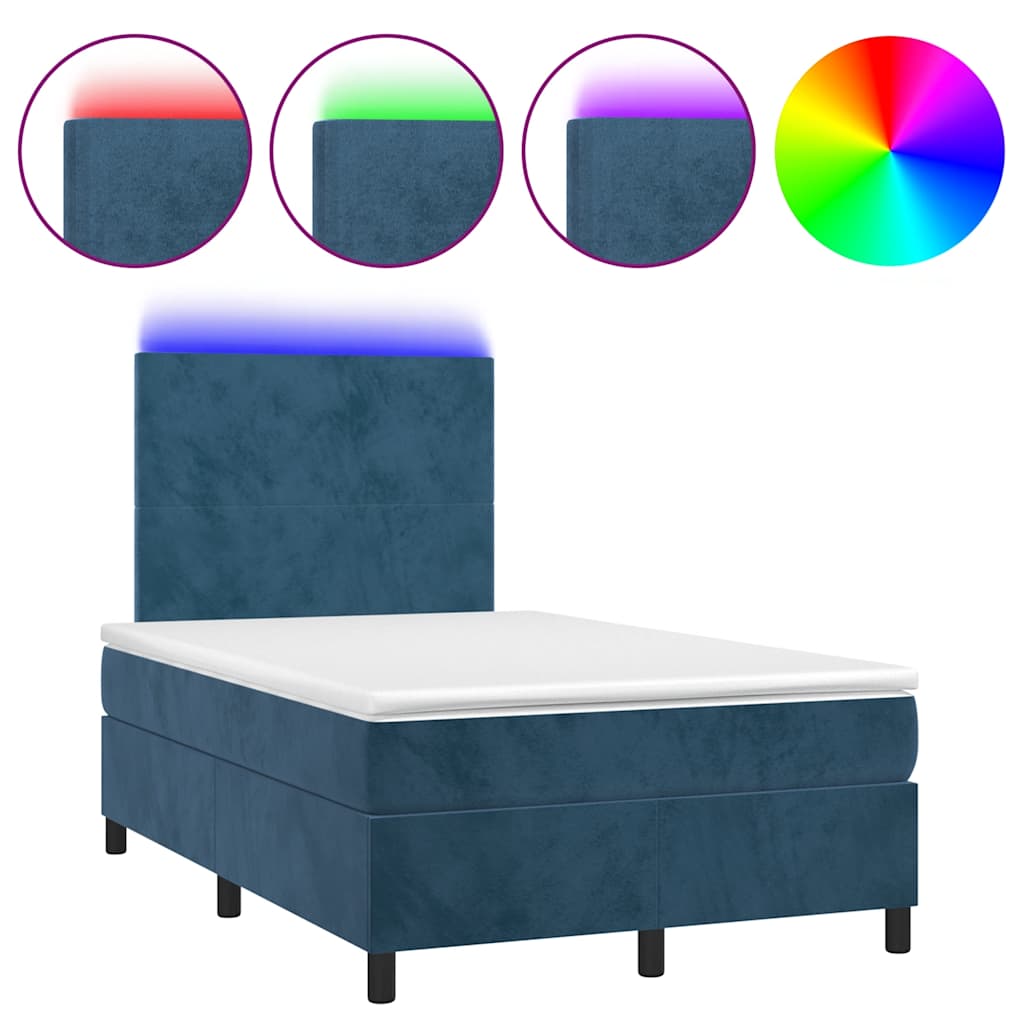sötétkék bársony rugós és LED-es ágy matraccal 120x190 cm