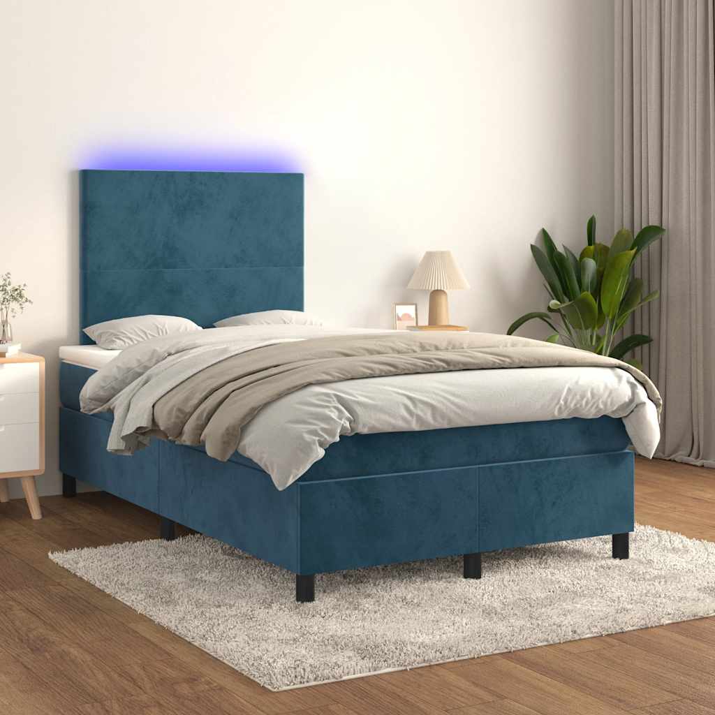 sötétkék bársony rugós és LED-es ágy matraccal 120x190 cm