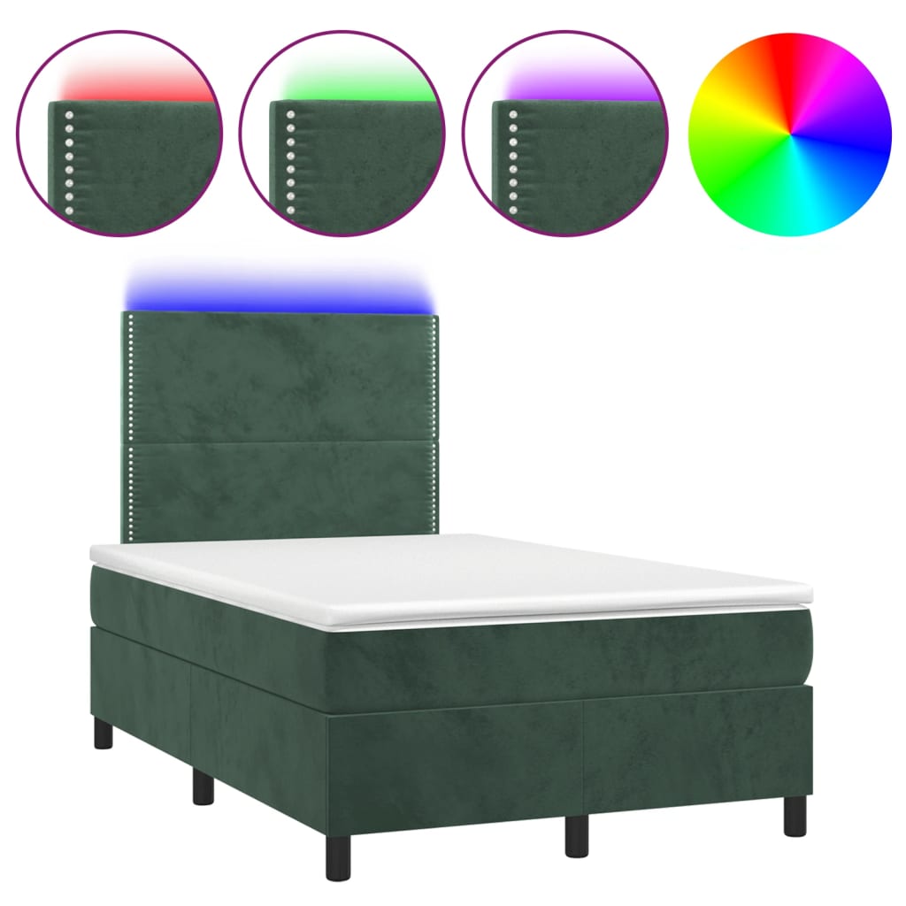 sötétzöld bársony rugós és LED-es ágy matraccal 120x190 cm