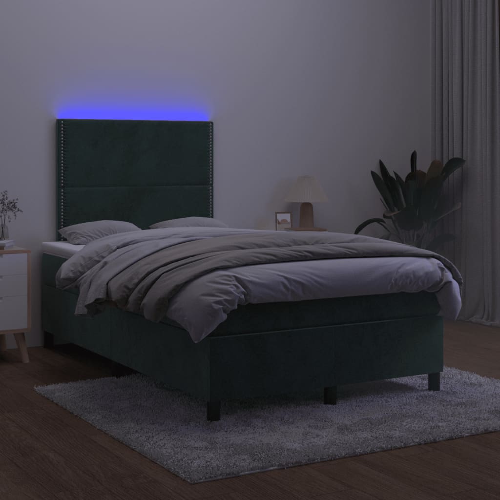 sötétzöld bársony rugós és LED-es ágy matraccal 120x190 cm
