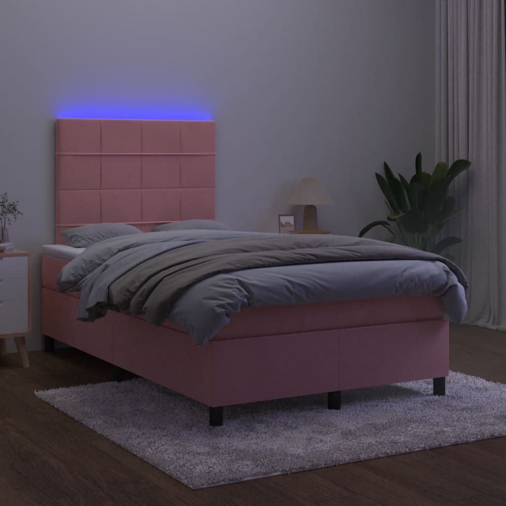 rózsaszín bársony rugós és LED-es ágy matraccal 120 x 190 cm
