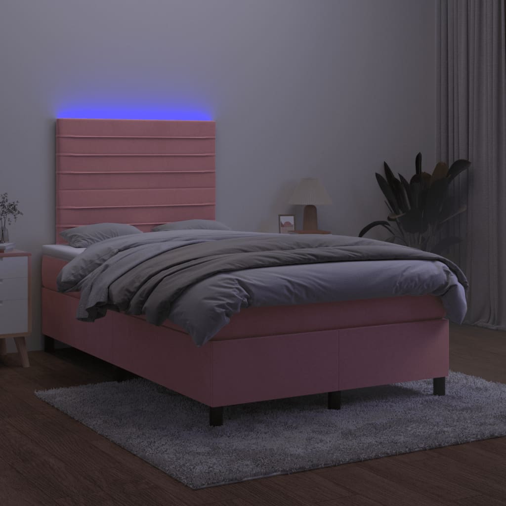 rózsaszín bársony rugós és LED-es ágy matraccal 120 x 190 cm