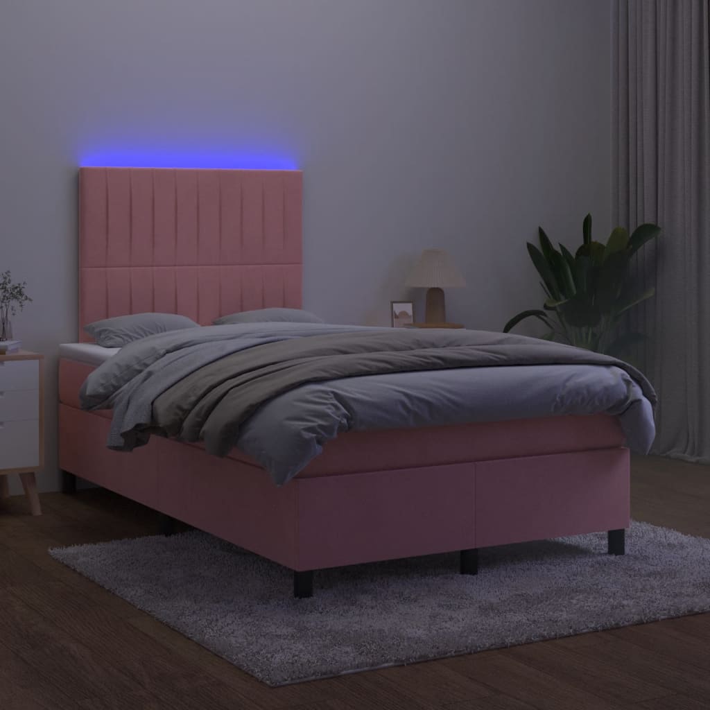 rózsaszín bársony rugós és LED-es ágy matraccal 120 x 190 cm