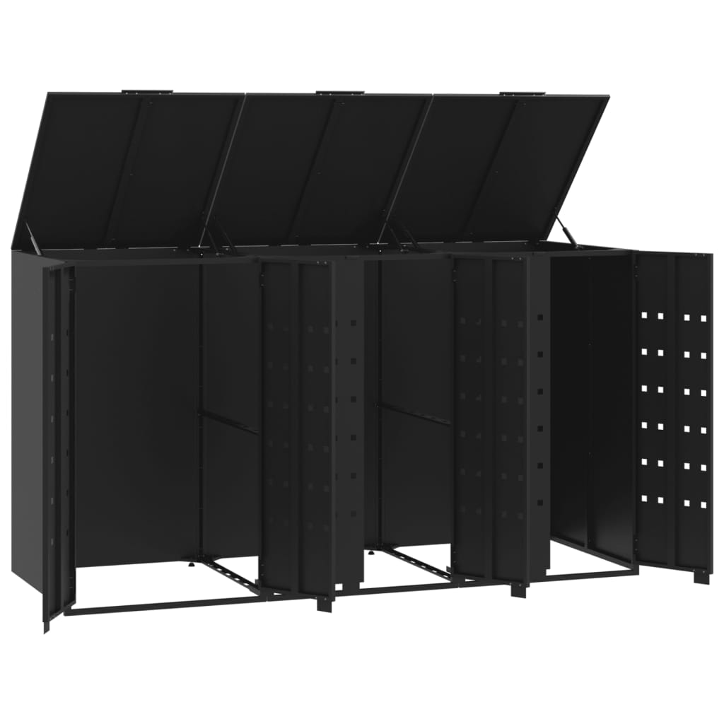 fekete acél kerekes tároló 3 szemeteskukához 207 x 79 x 117 cm