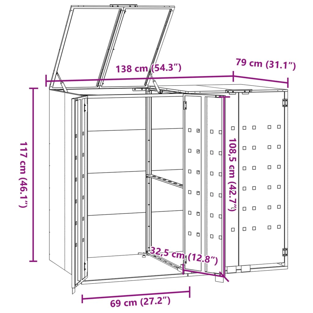 antracit acél kerekes tároló 2 szemeteskukához 138x79x117 cm