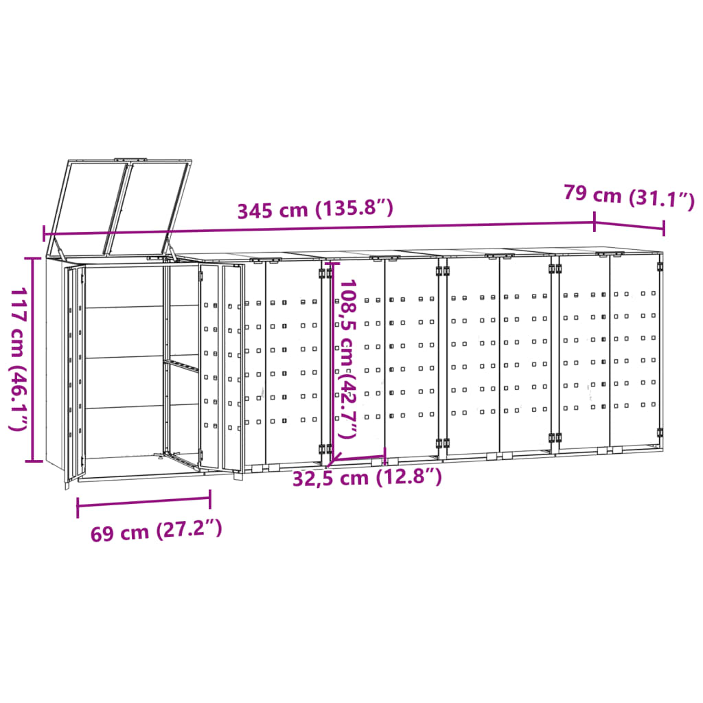 antracit acél kerekes tároló 5 szemeteskukához 345x79x117 cm