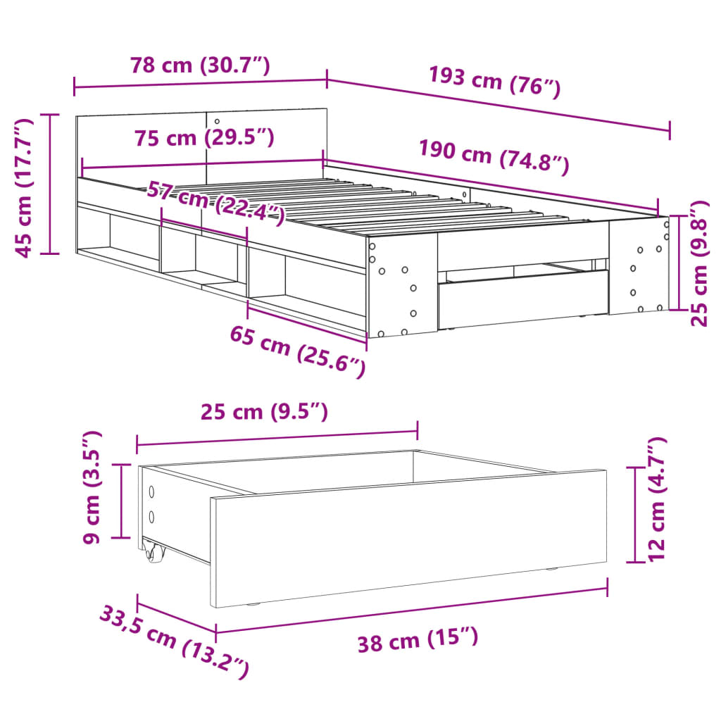 sonoma tölgy színű szerelt fa ágykeret fiókkal 75x 190 cm