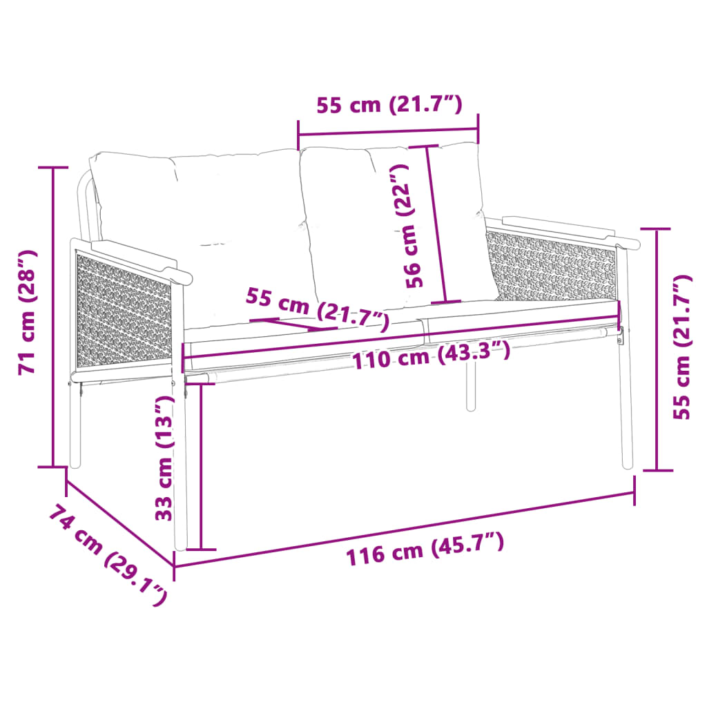 fekete acél kerti pad párnákkal 116 cm