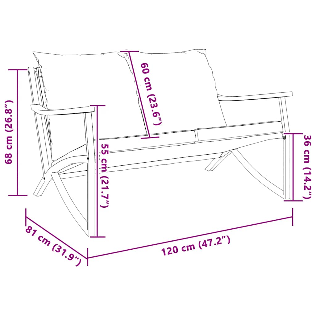 fekete acél kerti pad párnákkal 120 cm