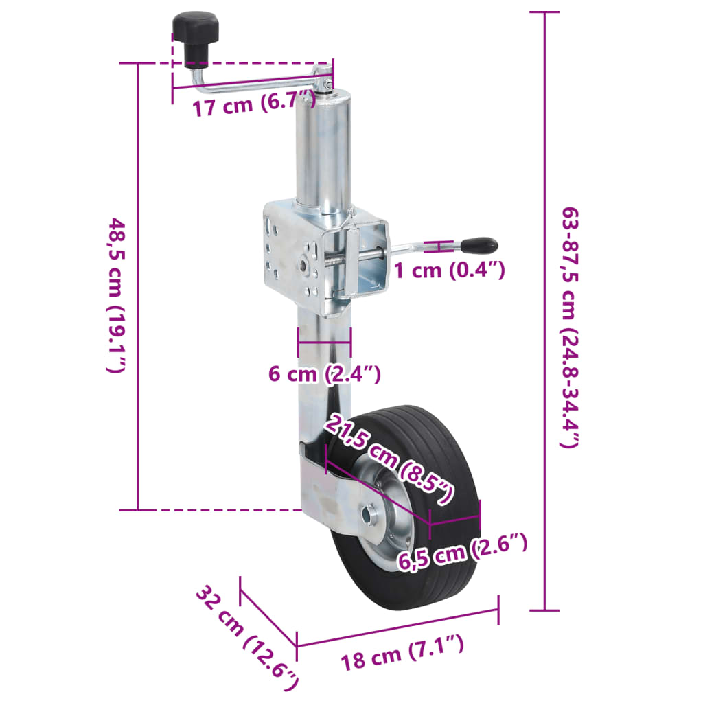 utánfutó támasztókerék 2 tartócsővel 3 osztott bilinccsel 60 mm