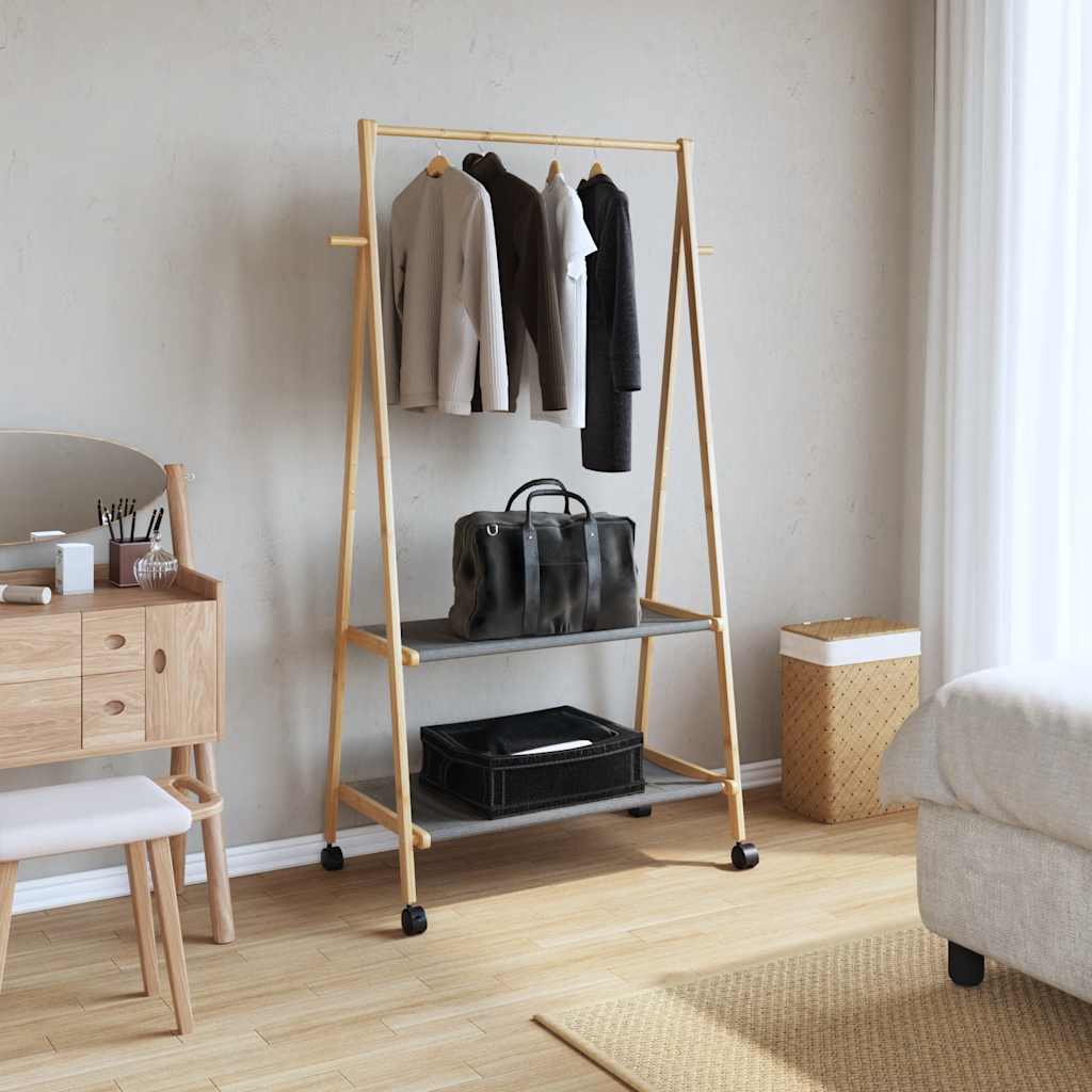 bambusz ruhaállvány polcokkal és kerekekkel 96x45,5x155,5 cm