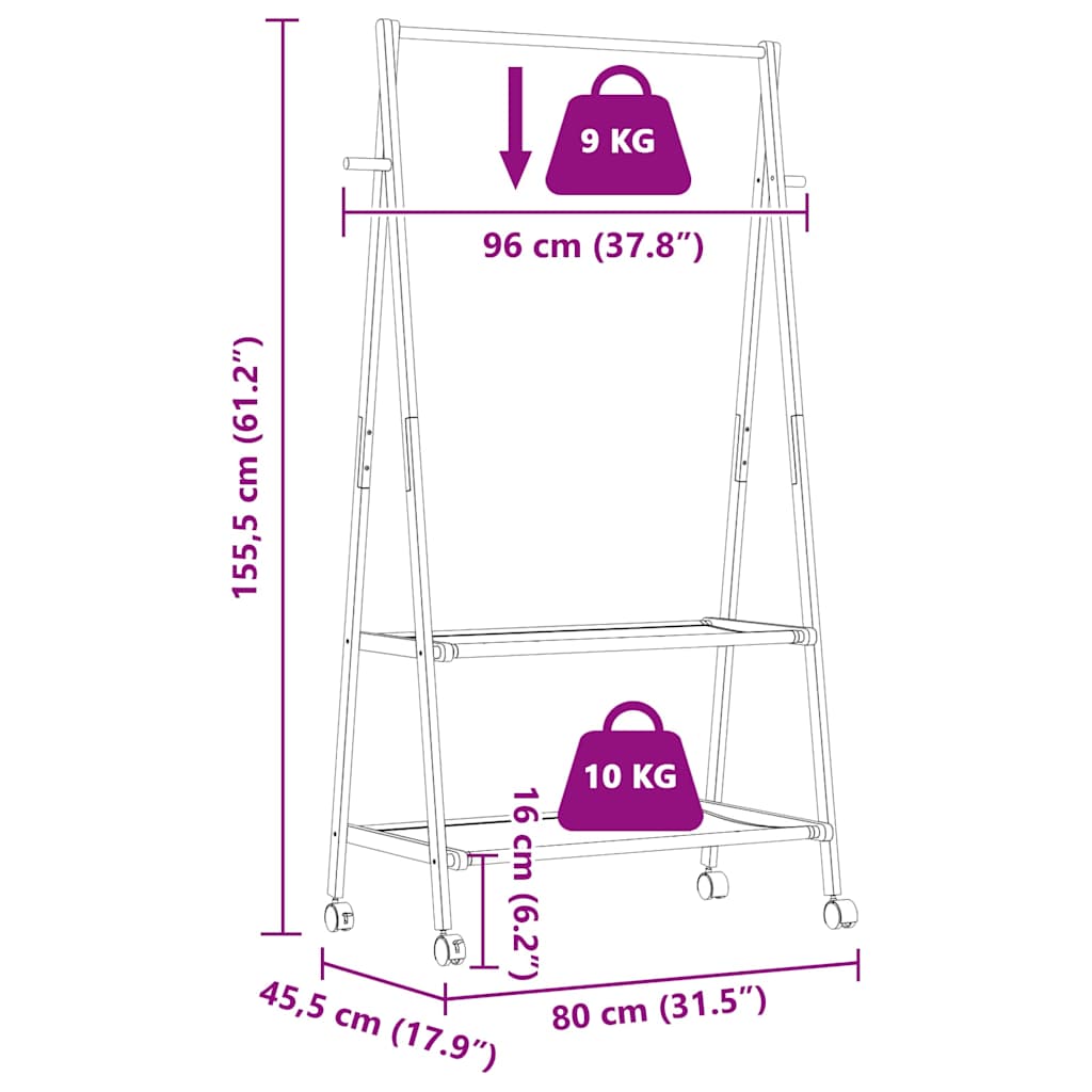 bambusz ruhaállvány polcokkal és kerekekkel 96x45,5x155,5 cm