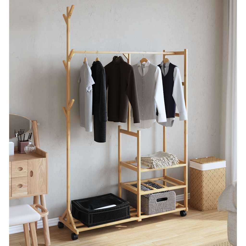 bambusz ruhaállvány polcokkal és kerekekkel 100x38x175,5 cm