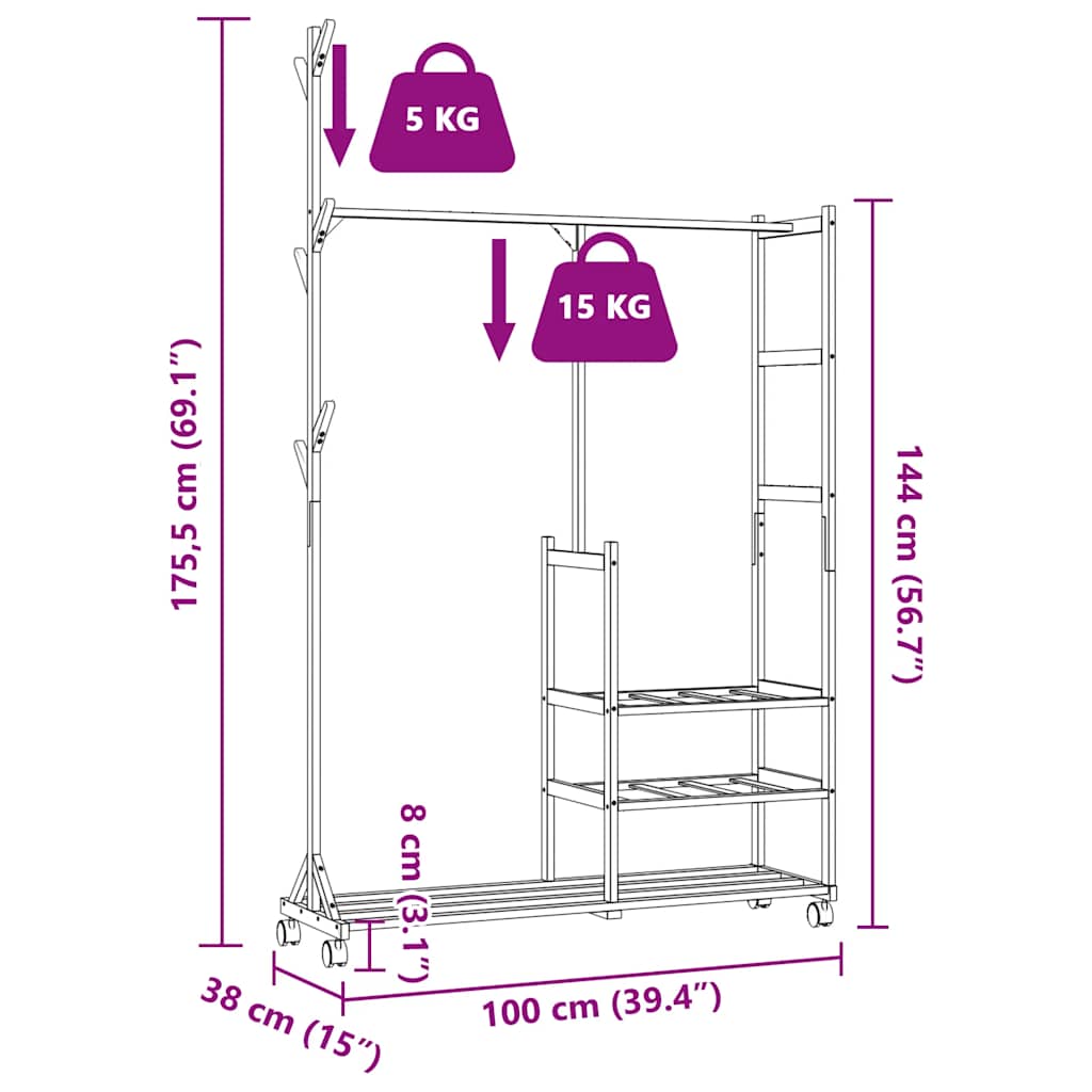 bambusz ruhaállvány polcokkal és kerekekkel 100x38x175,5 cm
