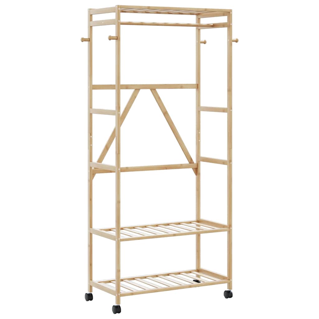 bambusz ruhaállvány polcokkal és kerekekkel 90x40x179,5 cm