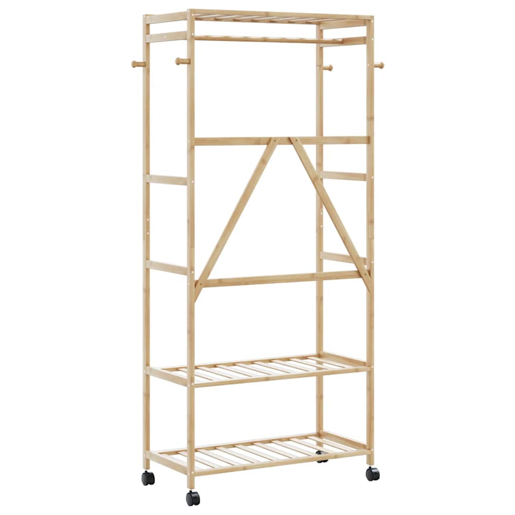 bambusz ruhaállvány polcokkal és kerekekkel 90x40x179,5 cm