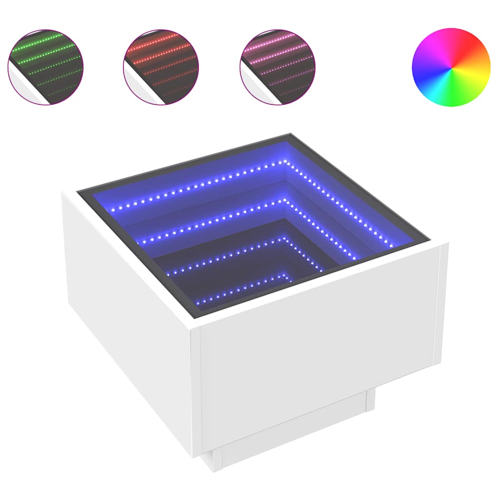 fehér szerelt fa kisasztal LED-del 40 x 40 x 30 cm