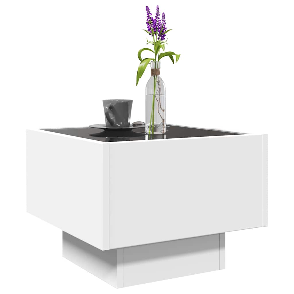 fehér szerelt fa kisasztal LED-del 40 x 40 x 30 cm