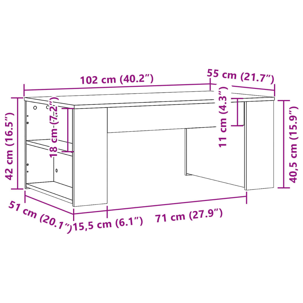 betonszürke szerelt fa dohányzóasztal 102 x 55 x 42 cm