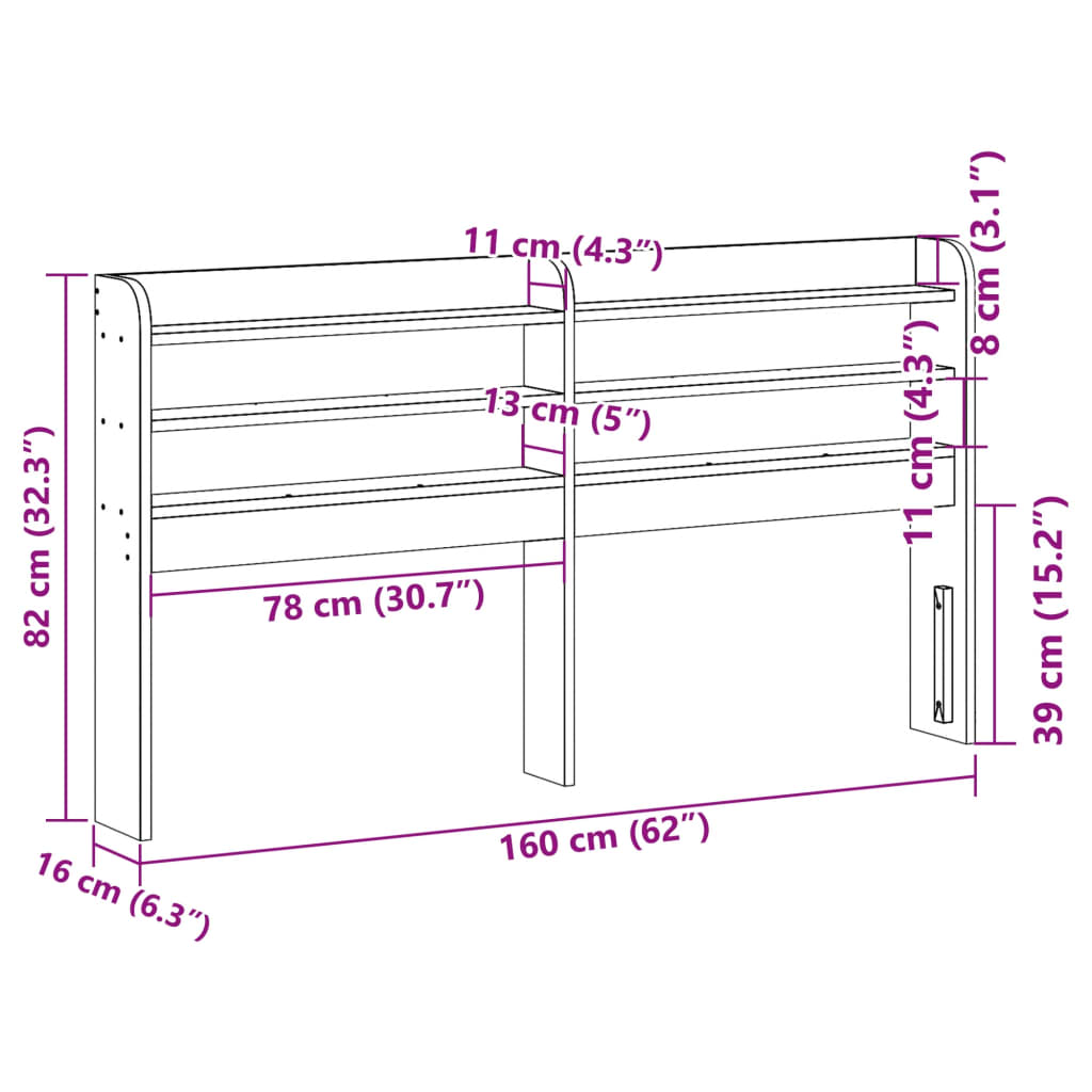 tömör fenyőfa fejtámla polcokkal 150 cm