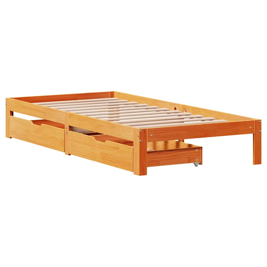 viaszbarna tömör fenyőfa ágykeret fiókokkal 90 x 200 cm