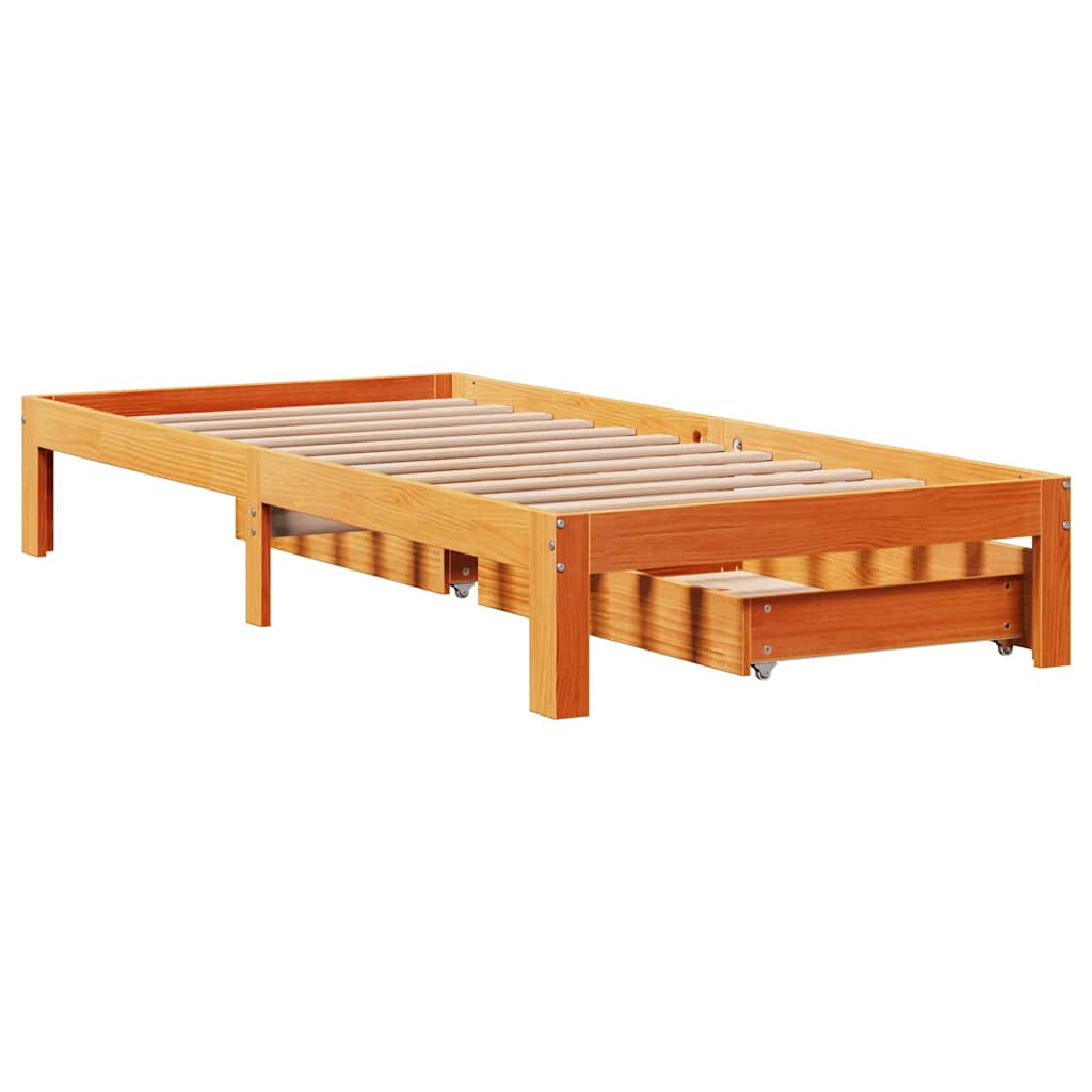 viaszbarna tömör fenyőfa ágykeret fiókokkal 90 x 200 cm