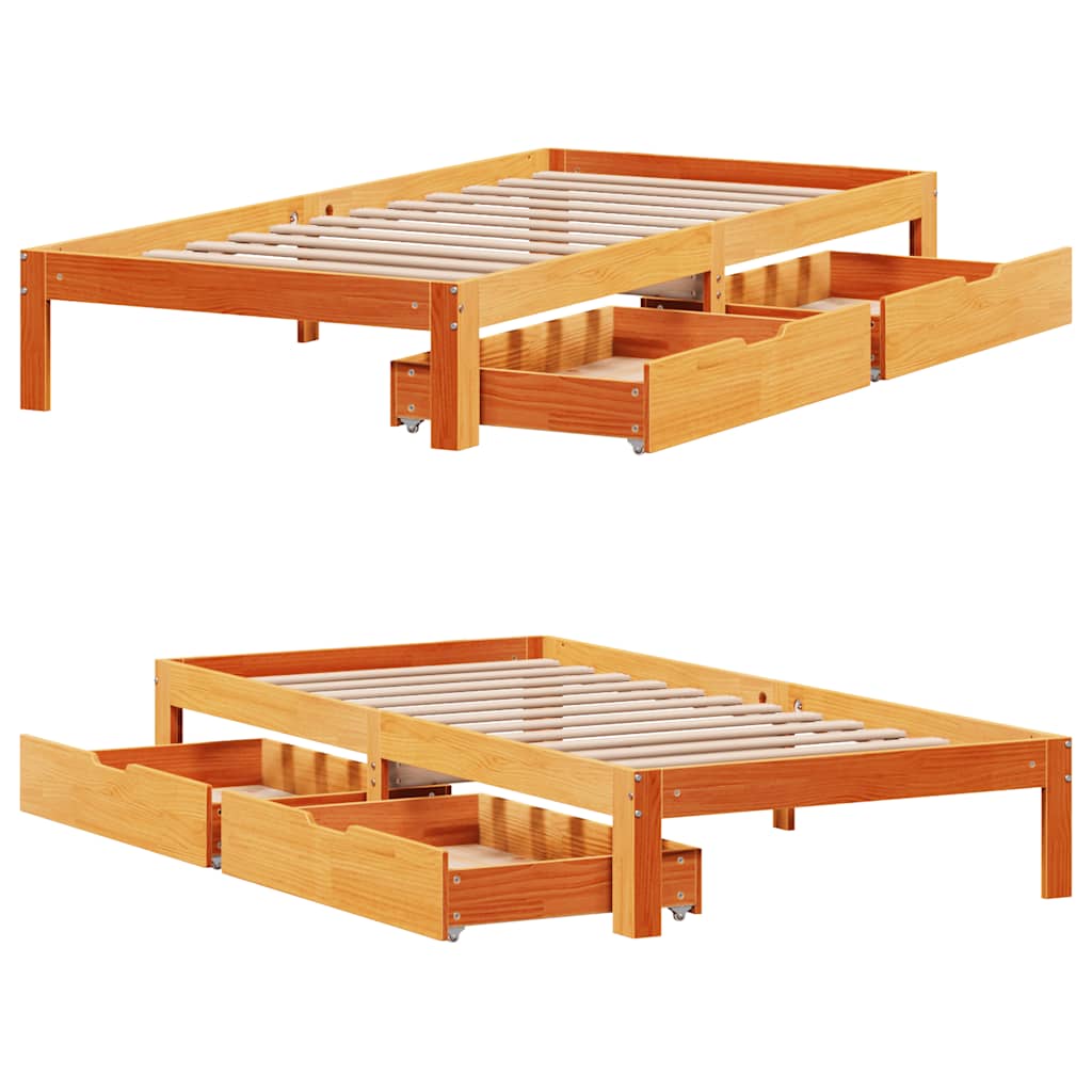 viaszbarna tömör fenyőfa ágykeret fiókokkal 90 x 200 cm
