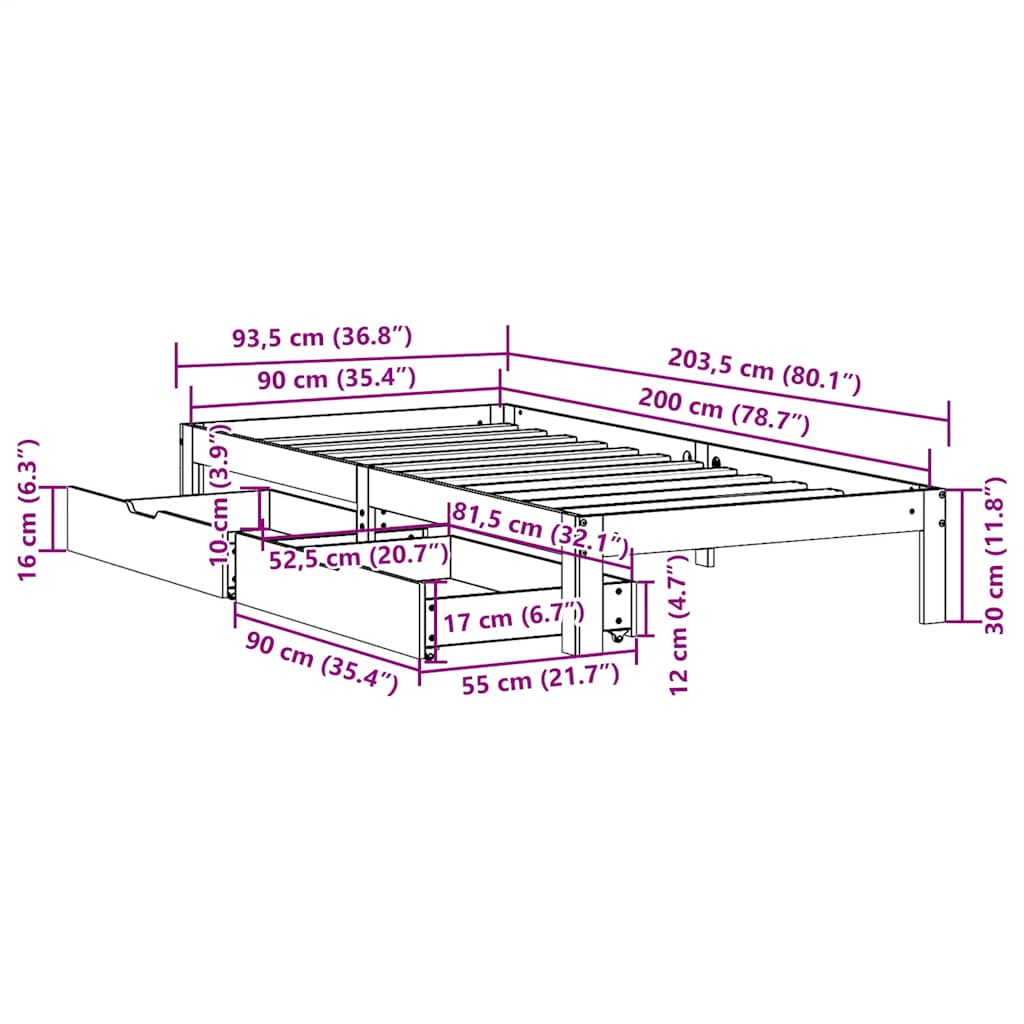 viaszbarna tömör fenyőfa ágykeret fiókokkal 90 x 200 cm