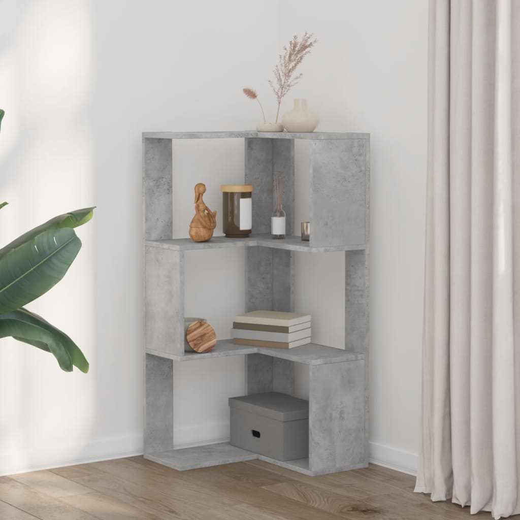 3 szintes betonszürke szerelt fa sarok könyvespolc 50x50x102 cm