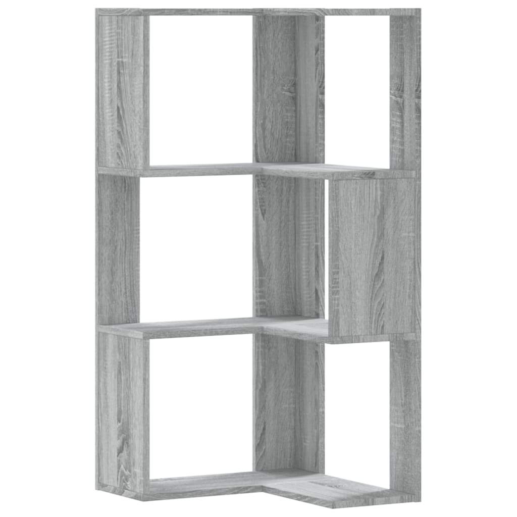 3 szintes szürke szerelt fa sarok könyvespolc 50 x 50 x 102 cm