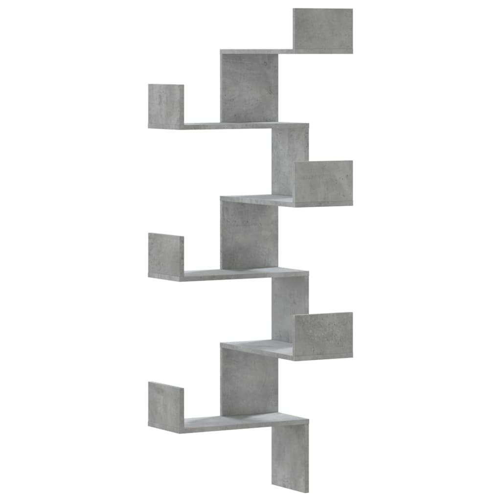betonszürke szerelt fa fali sarokpolc 45 x 45 x 147 cm