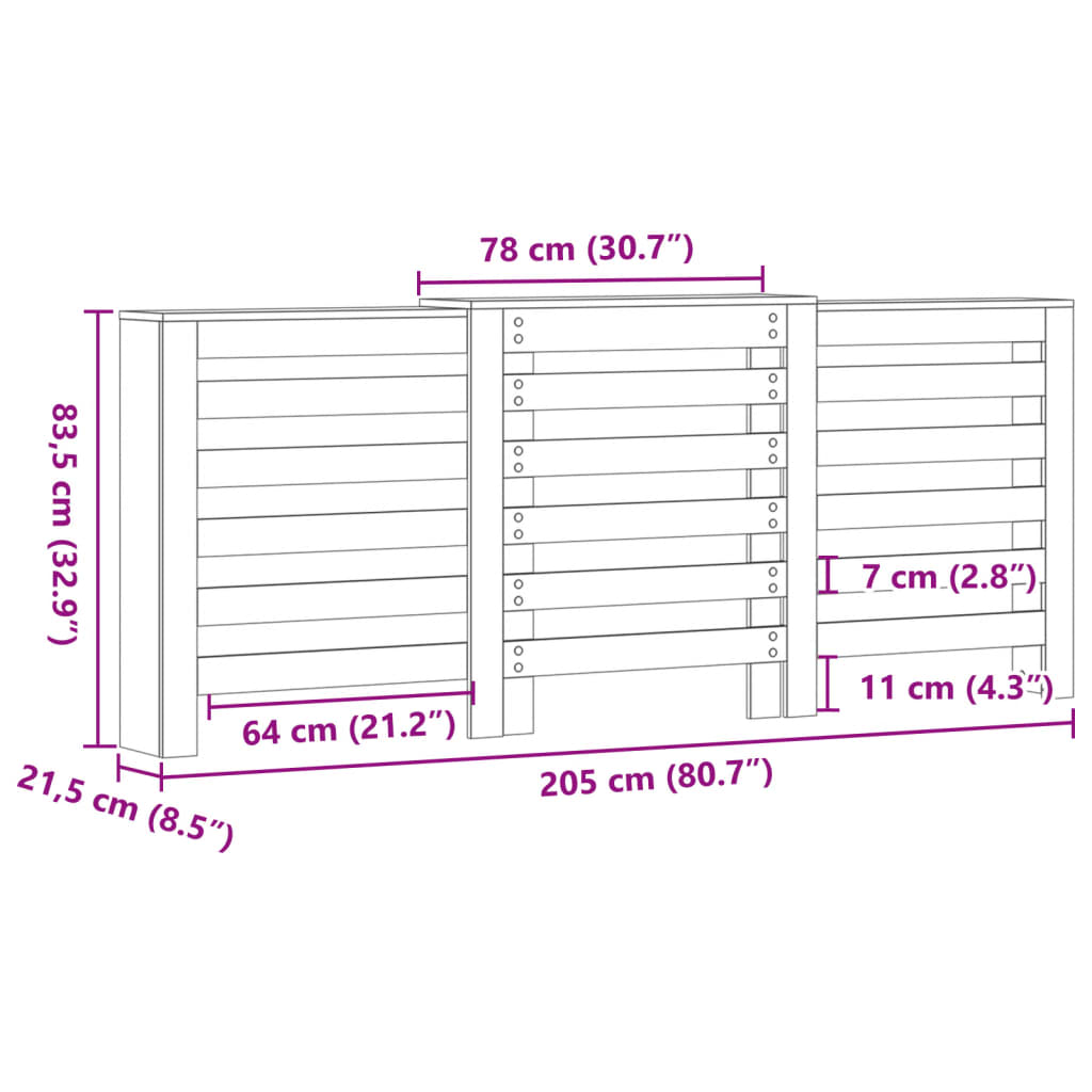 betonszürke szerelt fa radiátorburkolat 205 x 21,5 x 83,5 cm