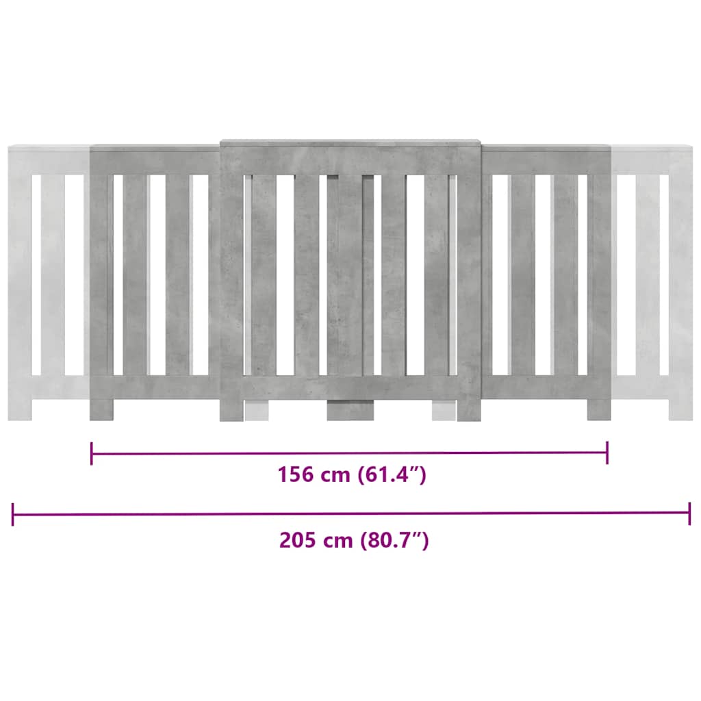 betonszürke szerelt fa radiátorburkolat 205 x 21,5 x 83,5 cm