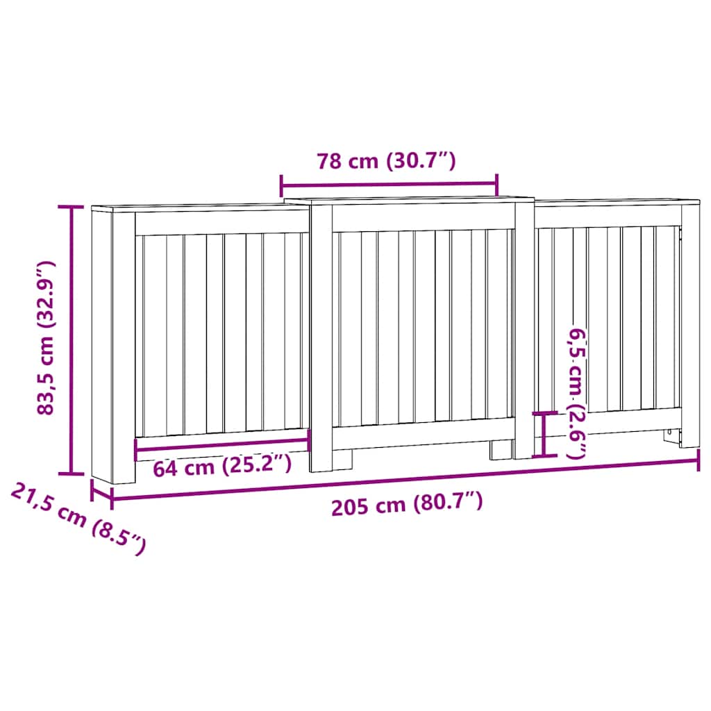 antik fa színű szerelt fa radiátorburkolat 205 x 21, 5x 83,5 cm