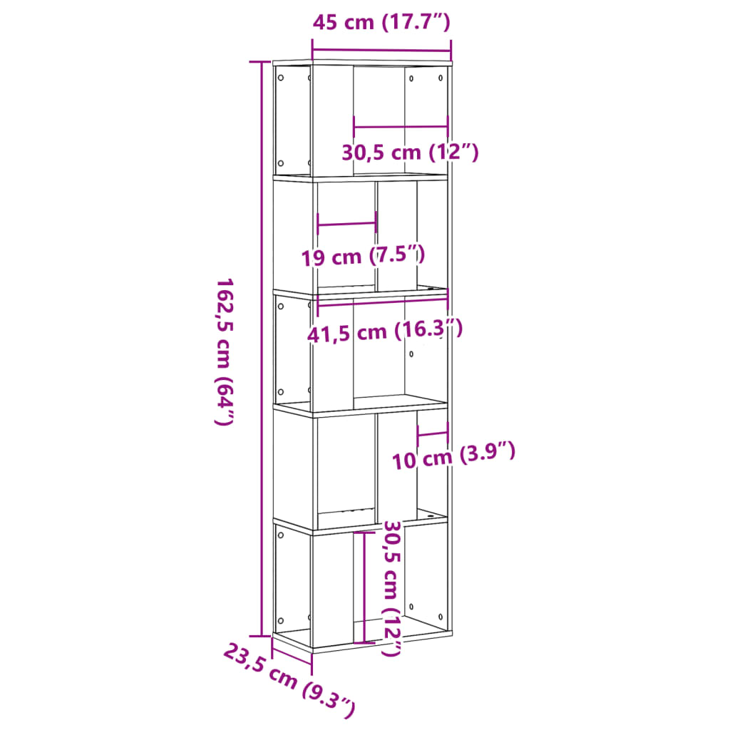 5 szintes antik fa színű fa könyvespolc 45 x 23,5 x 162,5 cm