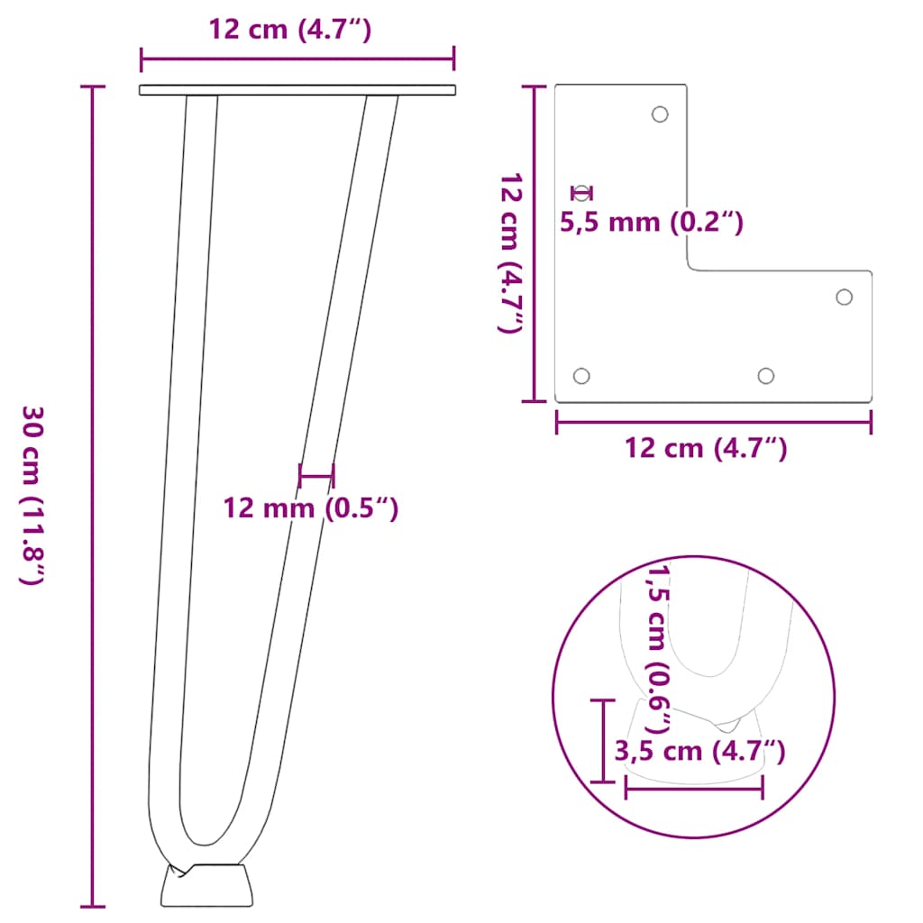 4 db fehér, tömör acél hajtűláb dohányzóasztalhoz, 30 cm