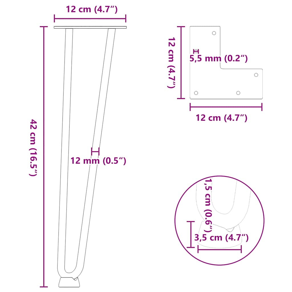 4 db fehér, tömör acél hajtűláb dohányzóasztalhoz 42 cm