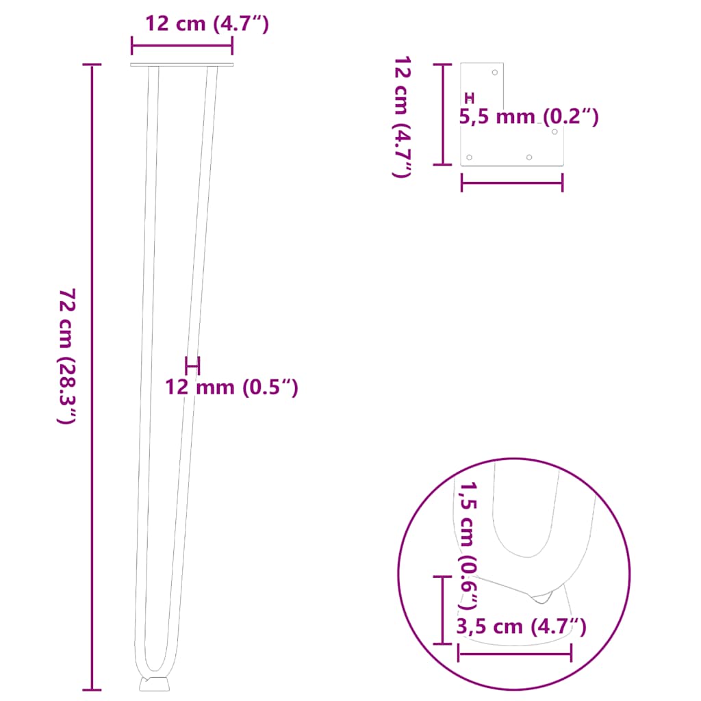 4 db-os hajtűlábak konzolasztalhoz, 72 cm, tömör acél, fekete