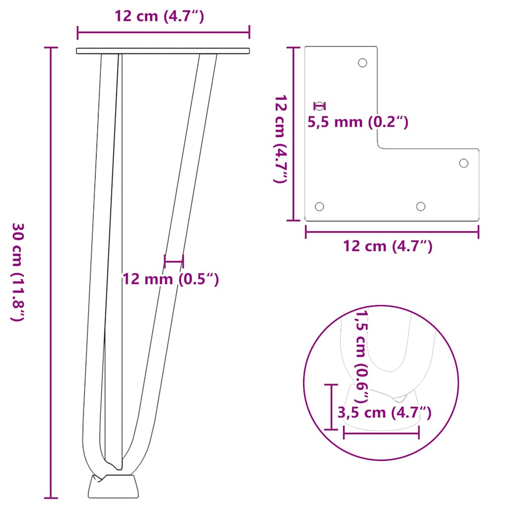 4 db fehér, tömör acél hajtűláb dohányzóasztalhoz, 30 cm