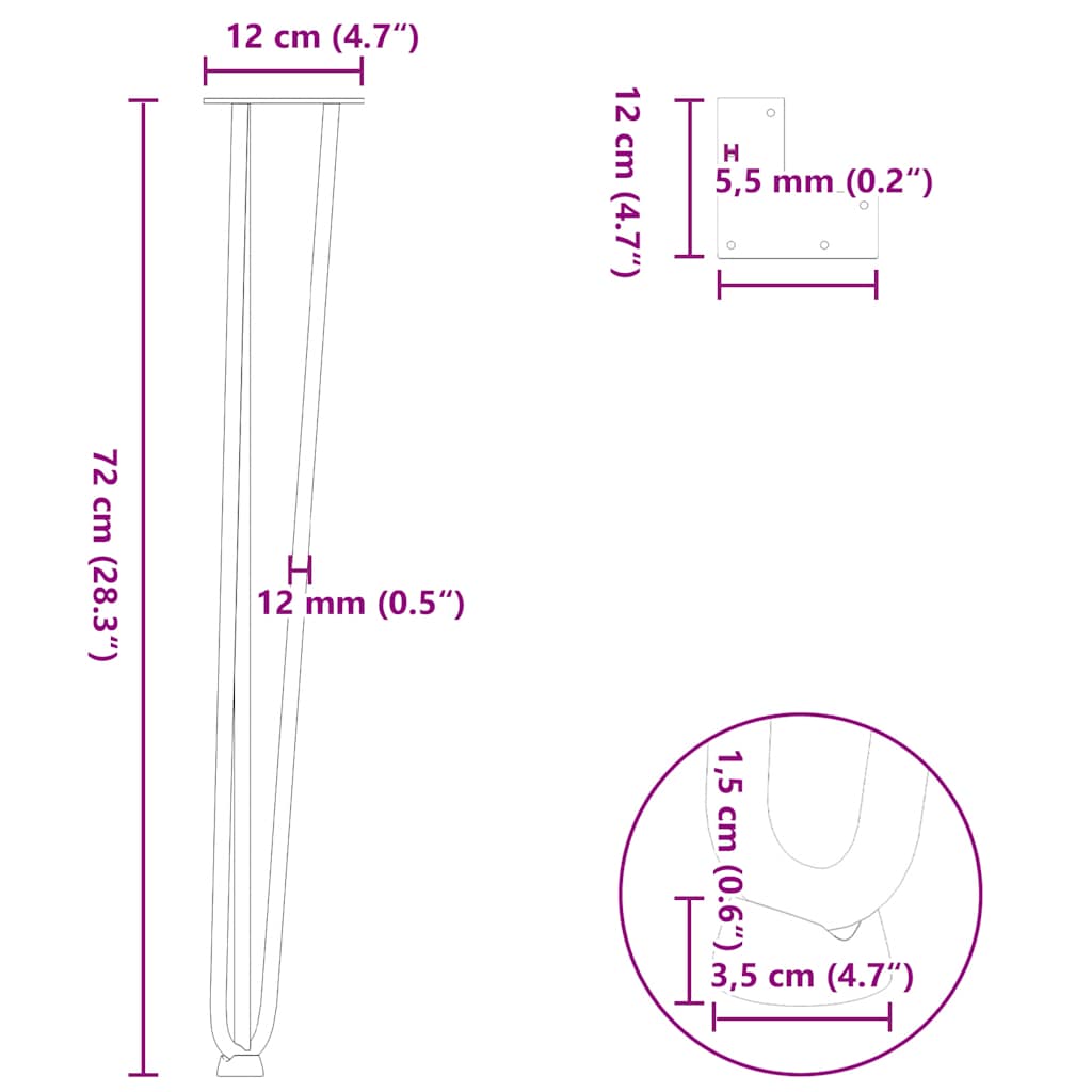 4 db-os hajtűlábak konzolasztalhoz, 72 cm, tömör acél, fekete