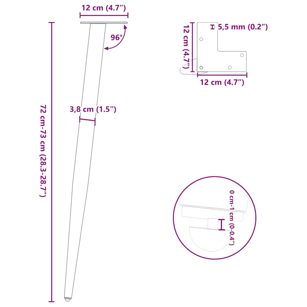 4 db kúpos alakú fekete acél konzolasztal láb 72-73 cm