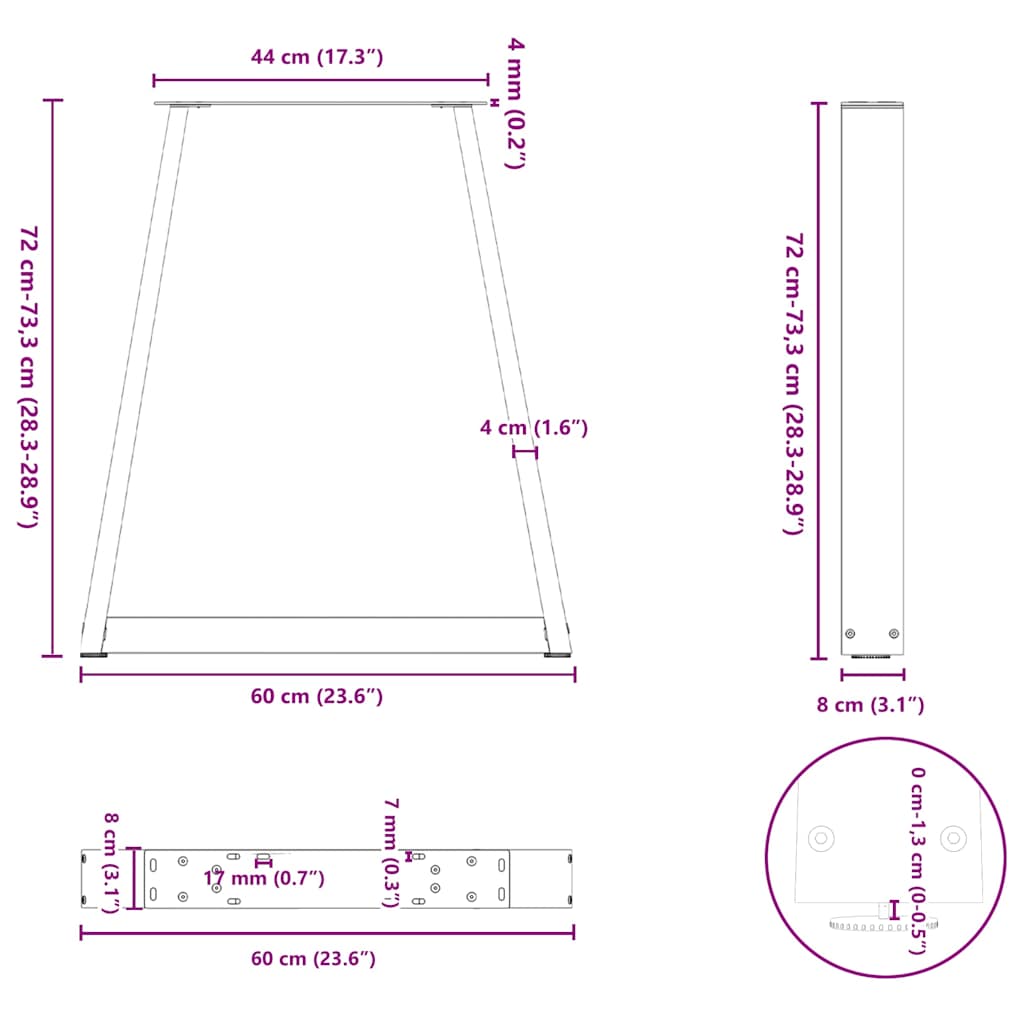 2 db fekete, V-alakú acél étkezőasztal láb 60 x (72-73,3) cm
