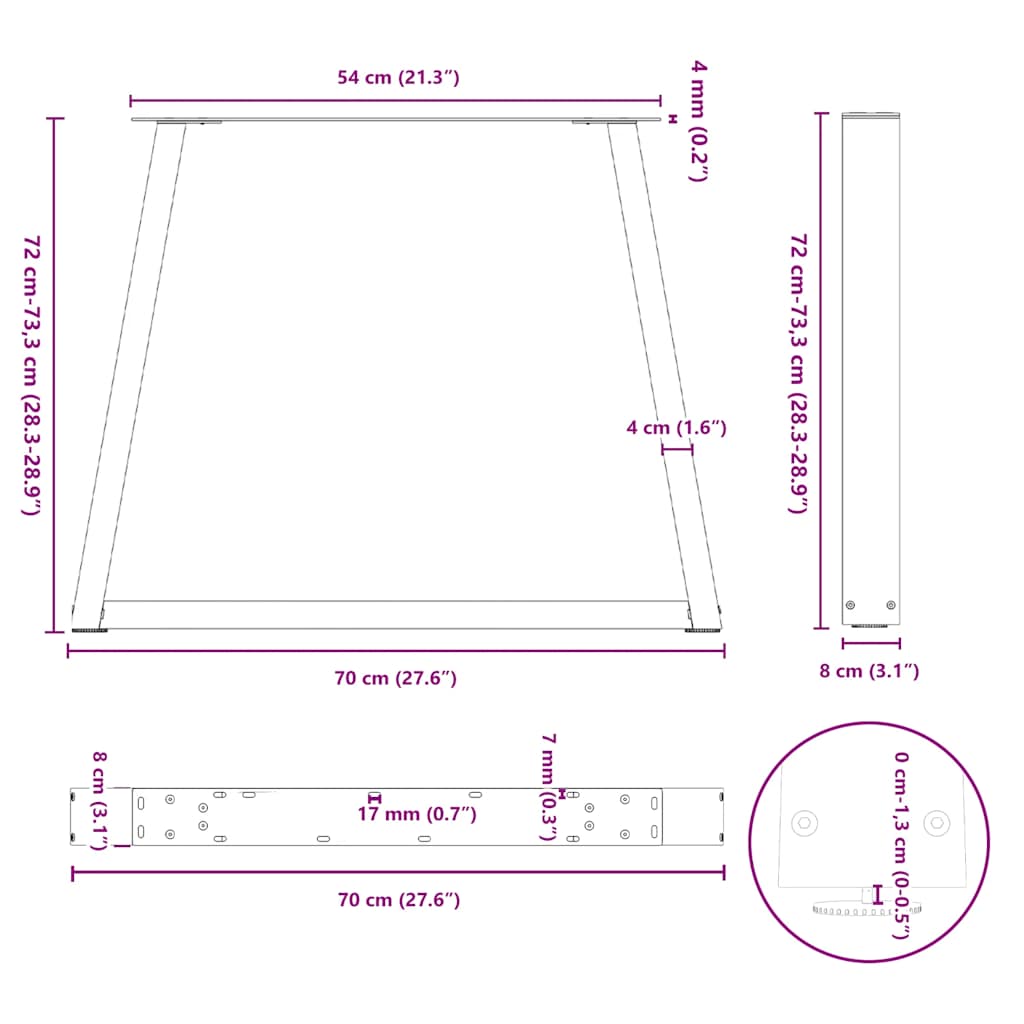 2 db fekete, V-alakú acél étkezőasztal láb 70 x (72-73,3) cm