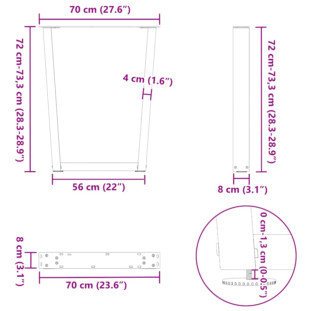 2 db fekete, V-alakú acél étkezőasztal láb 70 x (72-73,3) cm