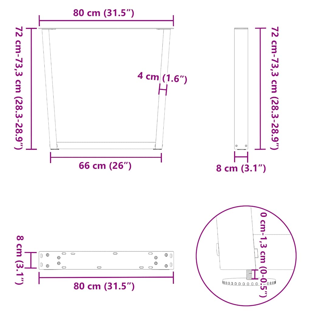 2 db fekete, V-alakú acél étkezőasztal láb 80 x (72-73,3) cm
