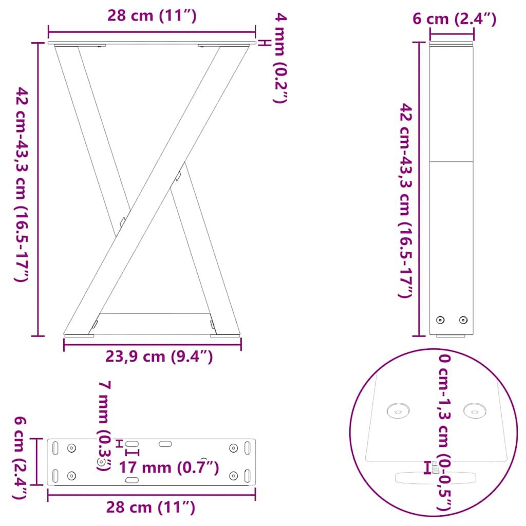 2 db fekete acél dohányzóasztal láb 28 x (42-43,3) cm