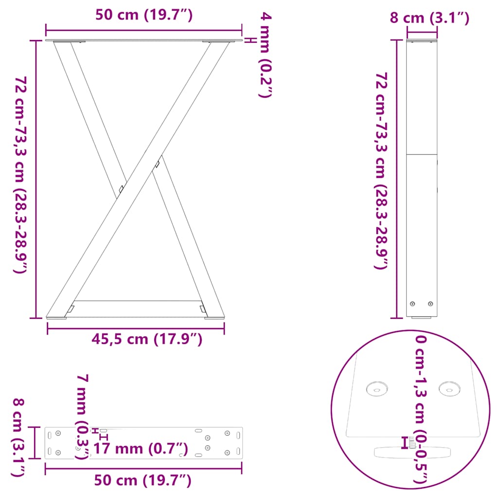 2 db natúr acél étkezőasztal láb 50 x (72-73,3) cm acél