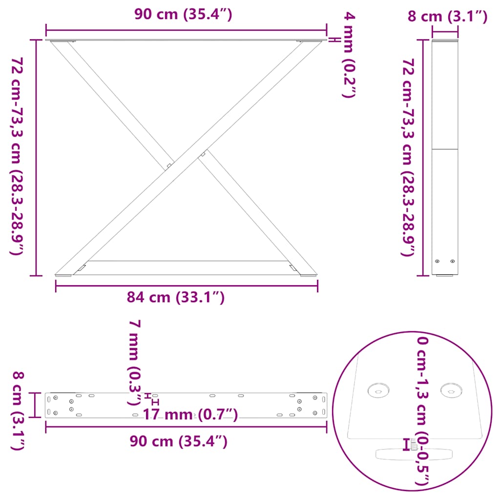 2 db antracitszürke acél étkezőasztalláb 90 x (72-73,3) cm